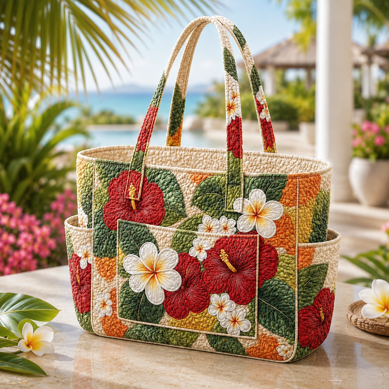 Sunset Hibiscus Multiple Pockets Quilted Tote Bag TP70