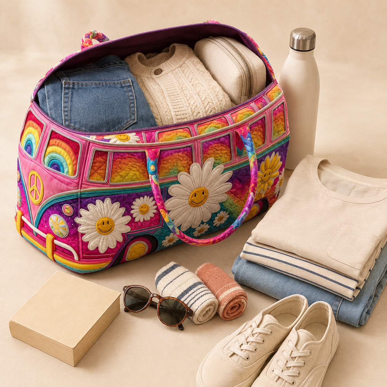 Weekend essentials packed inside the hippie van duffle bag