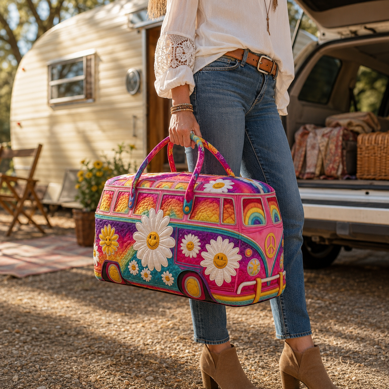 Woman carrying the large hippie van duffle bag at a campsite