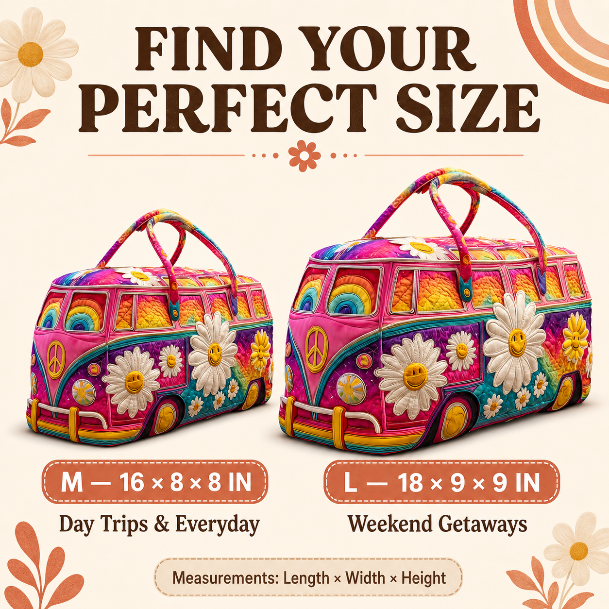 Medium and large hippie van duffle bag size comparison