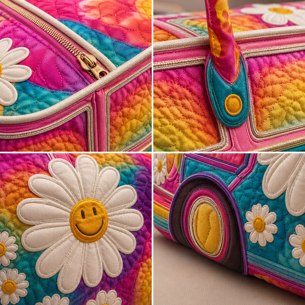 Close-up details of the zipper, padded handles, quilting and seams