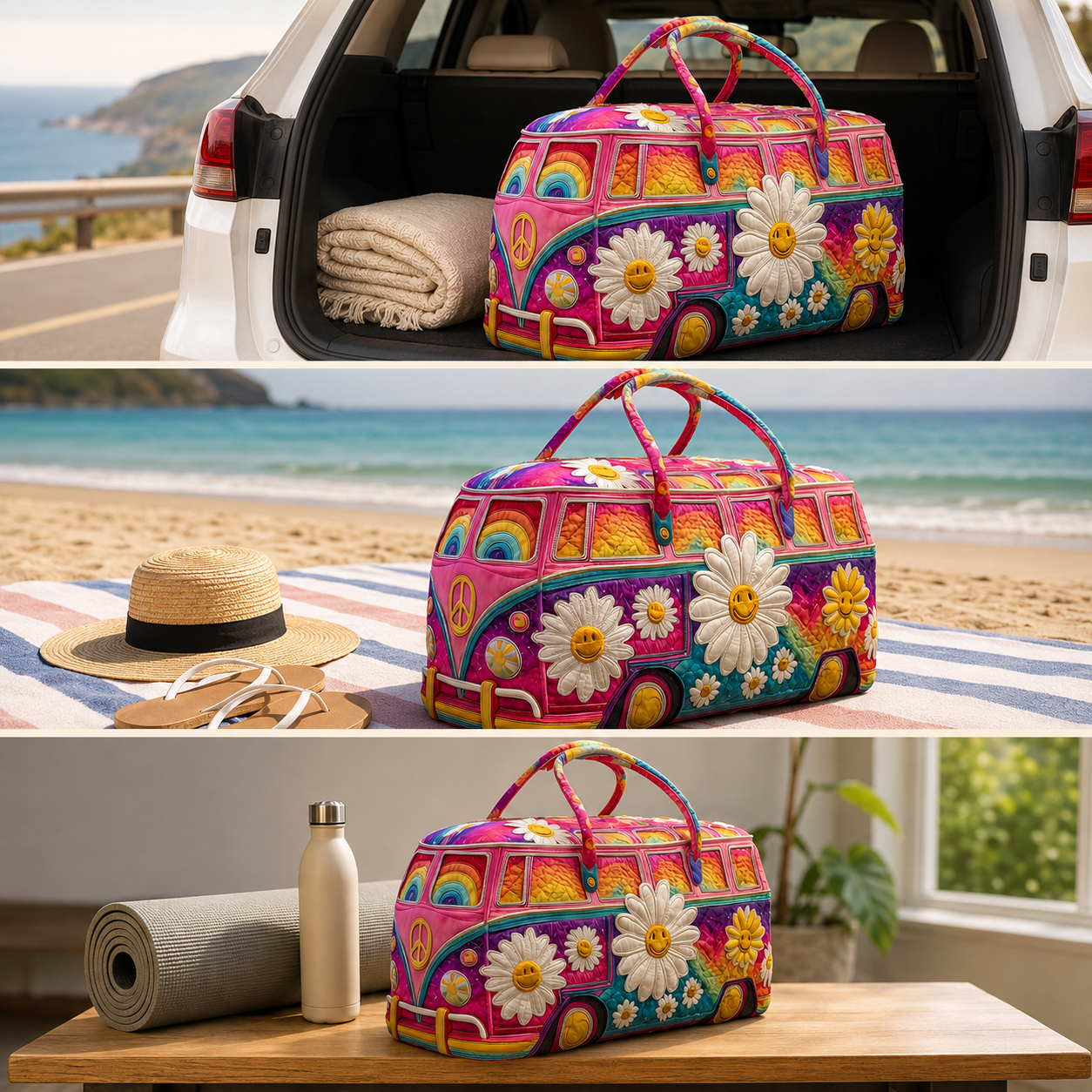 Hippie van duffle bag used for road trips, beach days and yoga