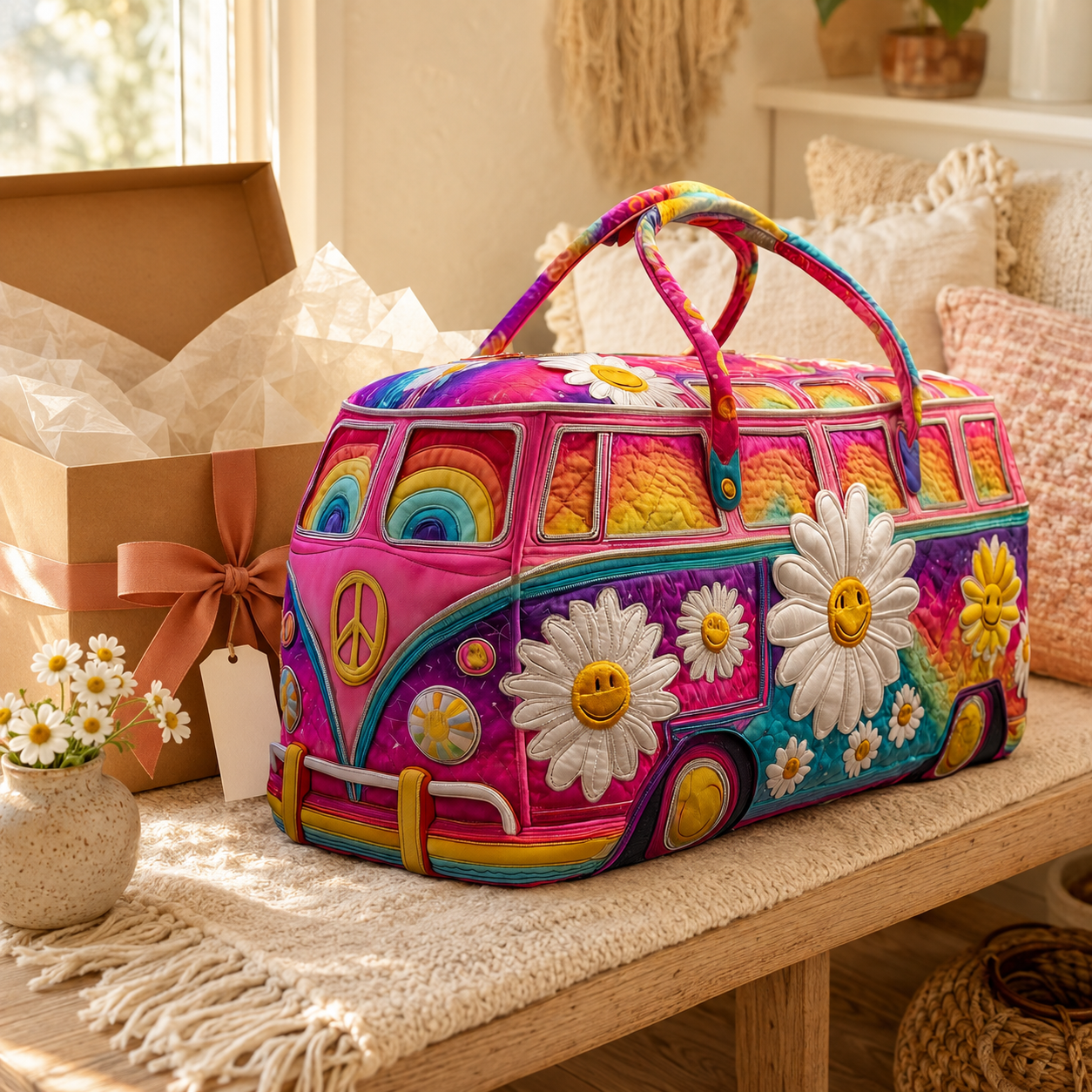Hippie van quilted duffle bag presented as a gift