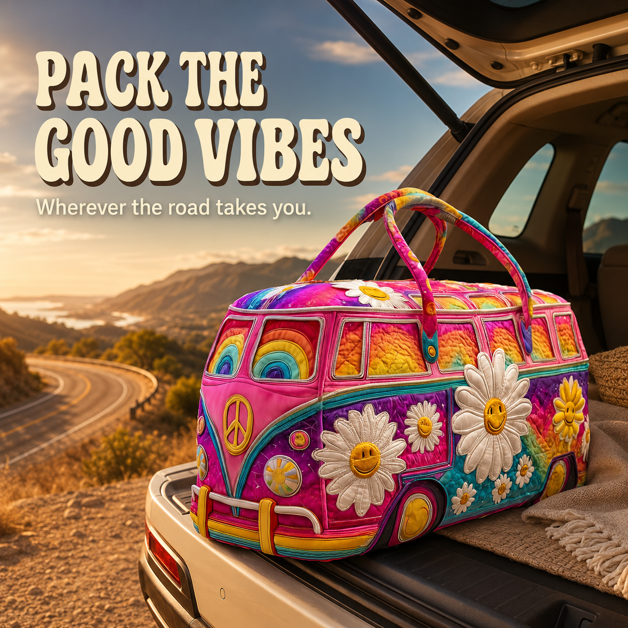 Colorful hippie van quilted duffle bag on a scenic road trip