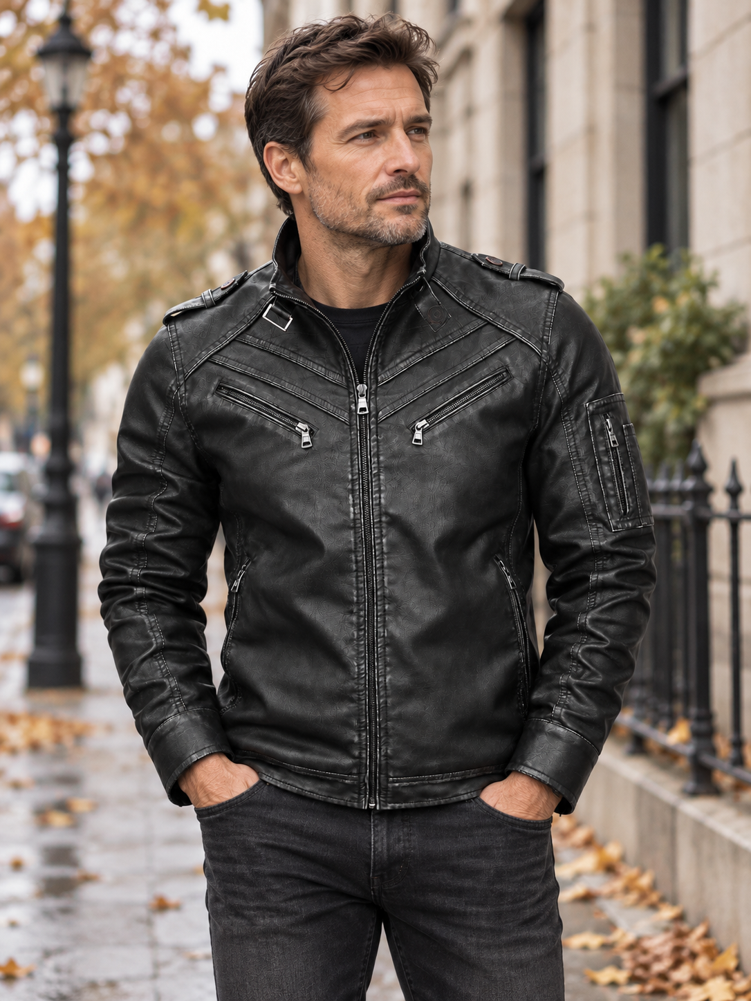 Styling visualization of the black stand-collar jacket worn with dark jeans