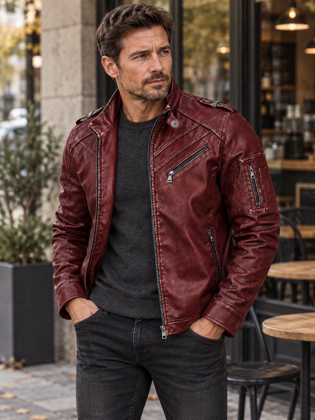 Styling visualization of the burgundy jacket worn open over charcoal knitwear