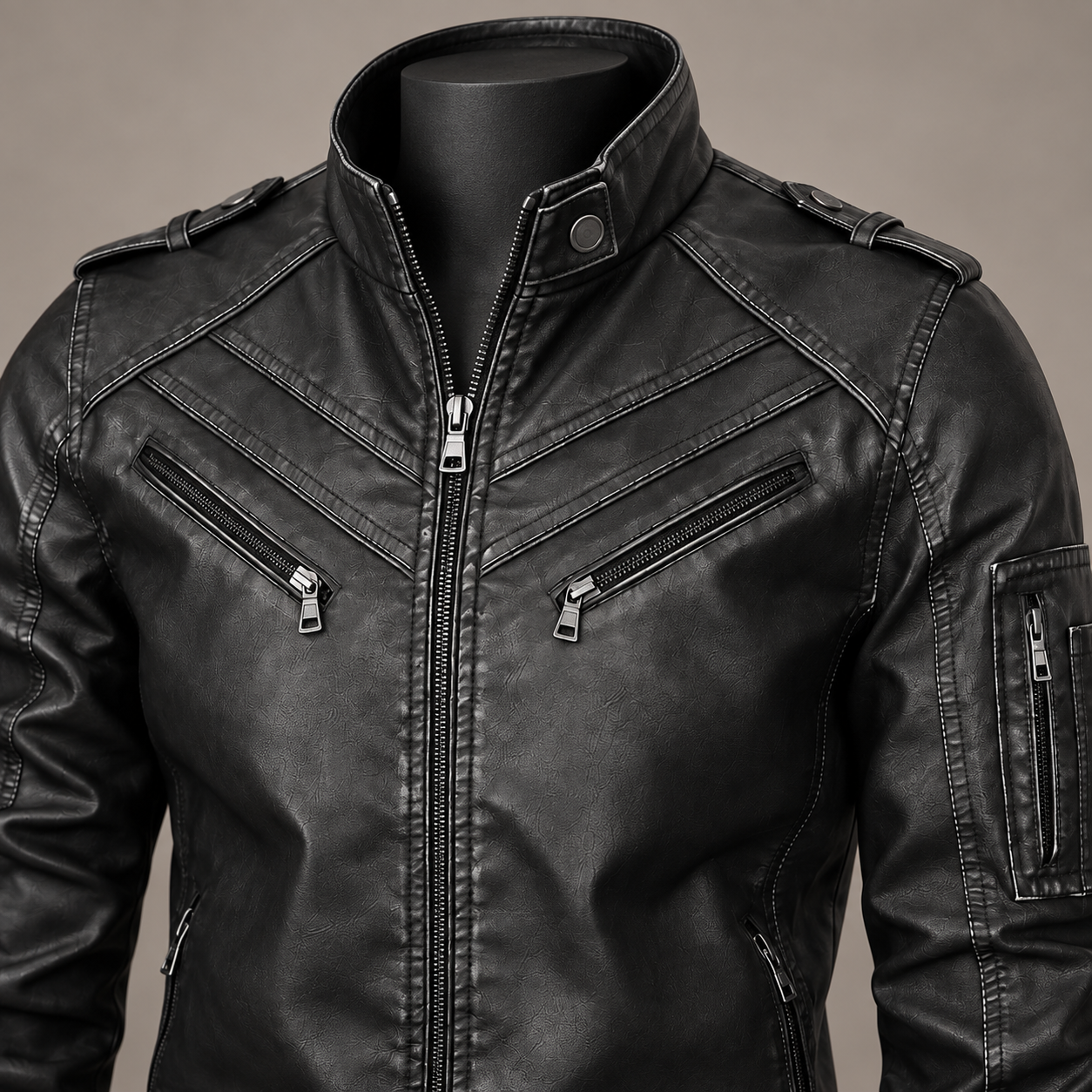 Styling visualization close-up of the black jacket collar, chest zippers and sleeve pocket