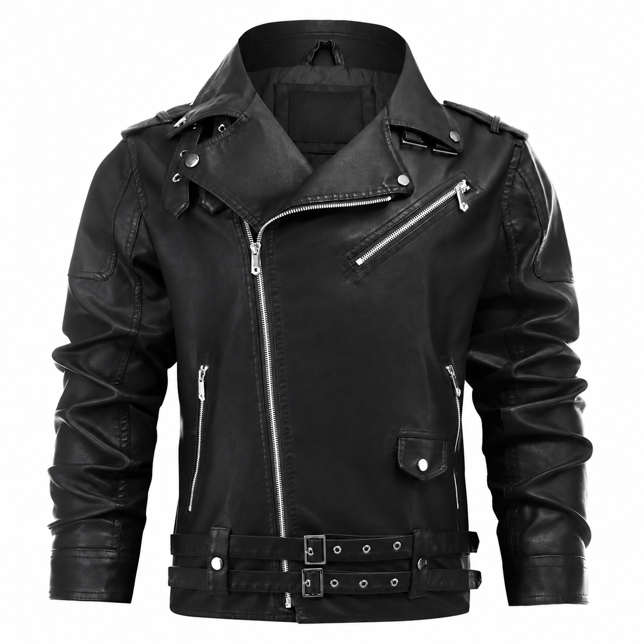 Men’s Black Faux Leather Motorcycle Biker Jacket with Asymmetric Zip & Buckle Detail