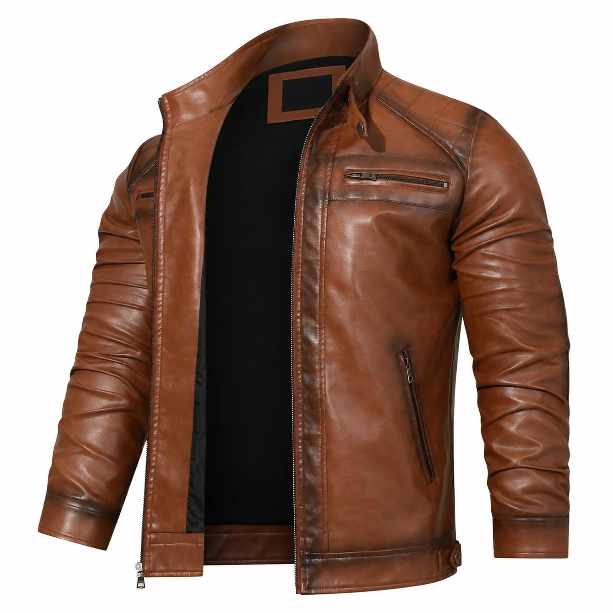 Men’s Vintage Faux Leather Motorcycle Jacket – Stand Collar Zip-Up Biker Coat