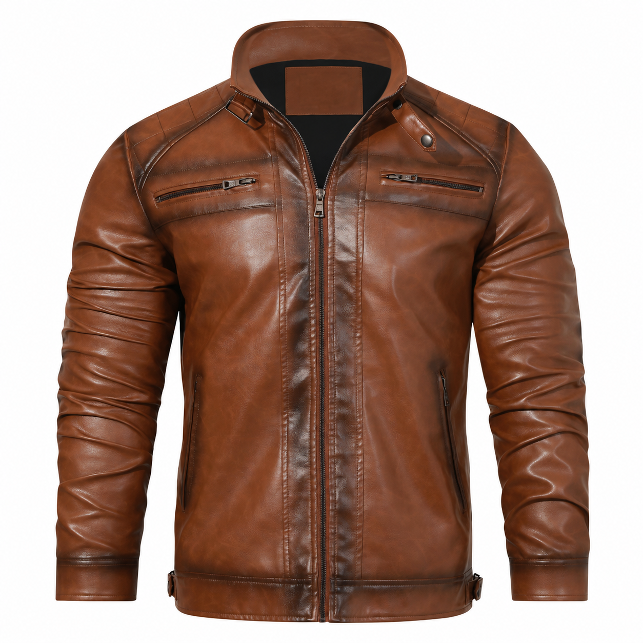 Men’s Vintage Faux Leather Motorcycle Jacket – Stand Collar Zip-Up Biker Coat