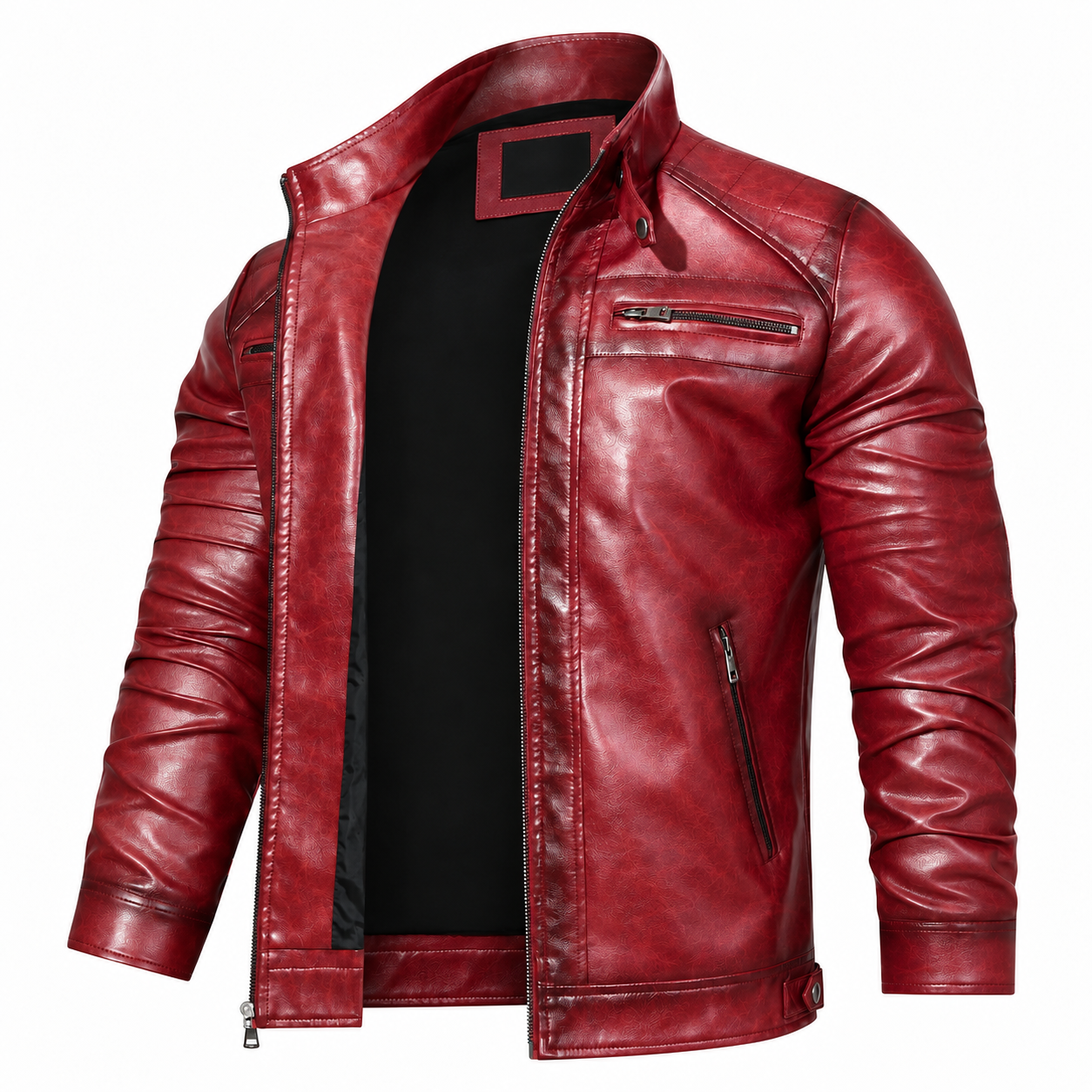 Men’s Vintage Faux Leather Motorcycle Jacket – Stand Collar Zip-Up Biker Coat