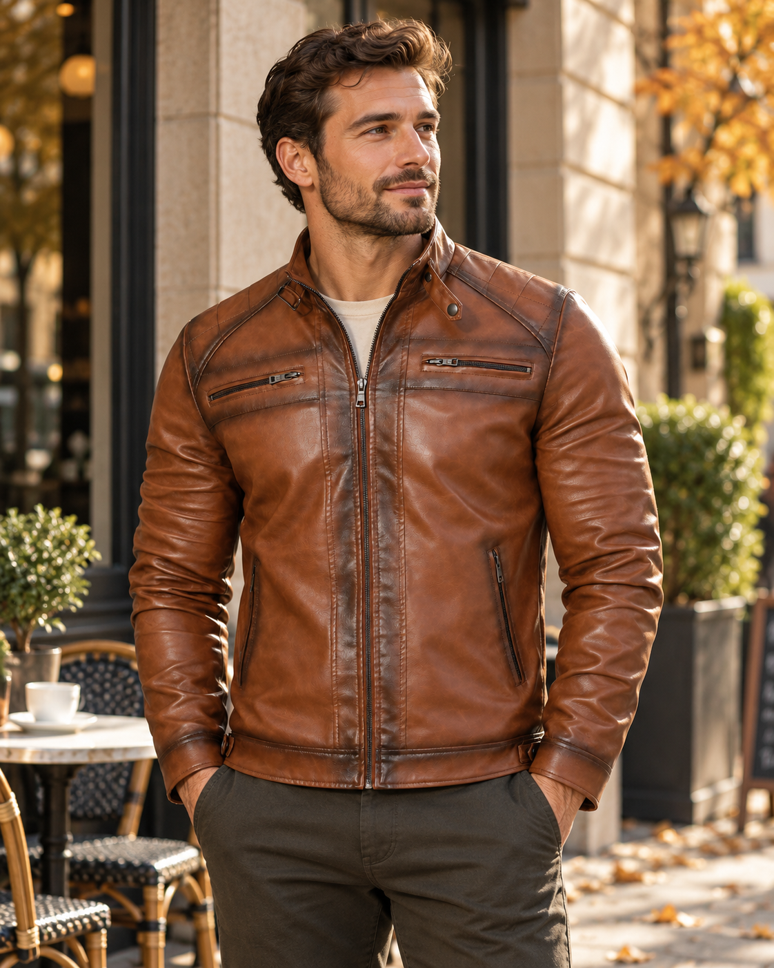 Styling visualization of the brown stand-collar jacket worn outdoors