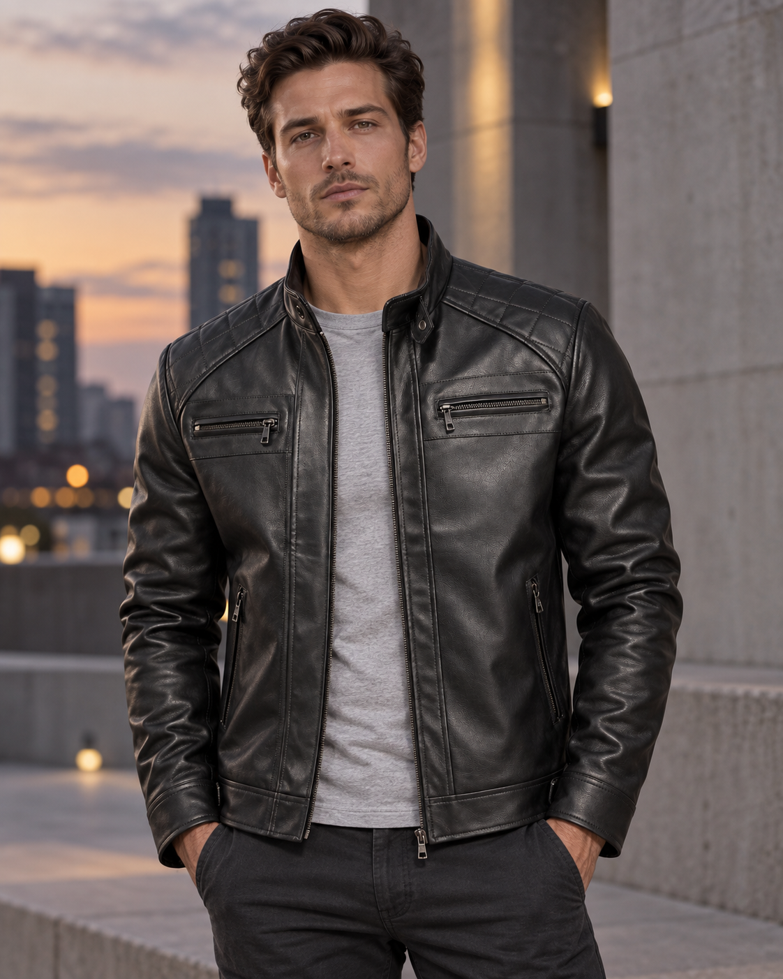Styling visualization of the black stand-collar jacket worn over a gray tee