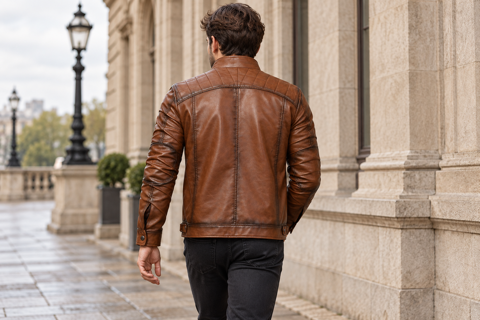 Styling visualization of the brown jacket worn from behind outdoors
