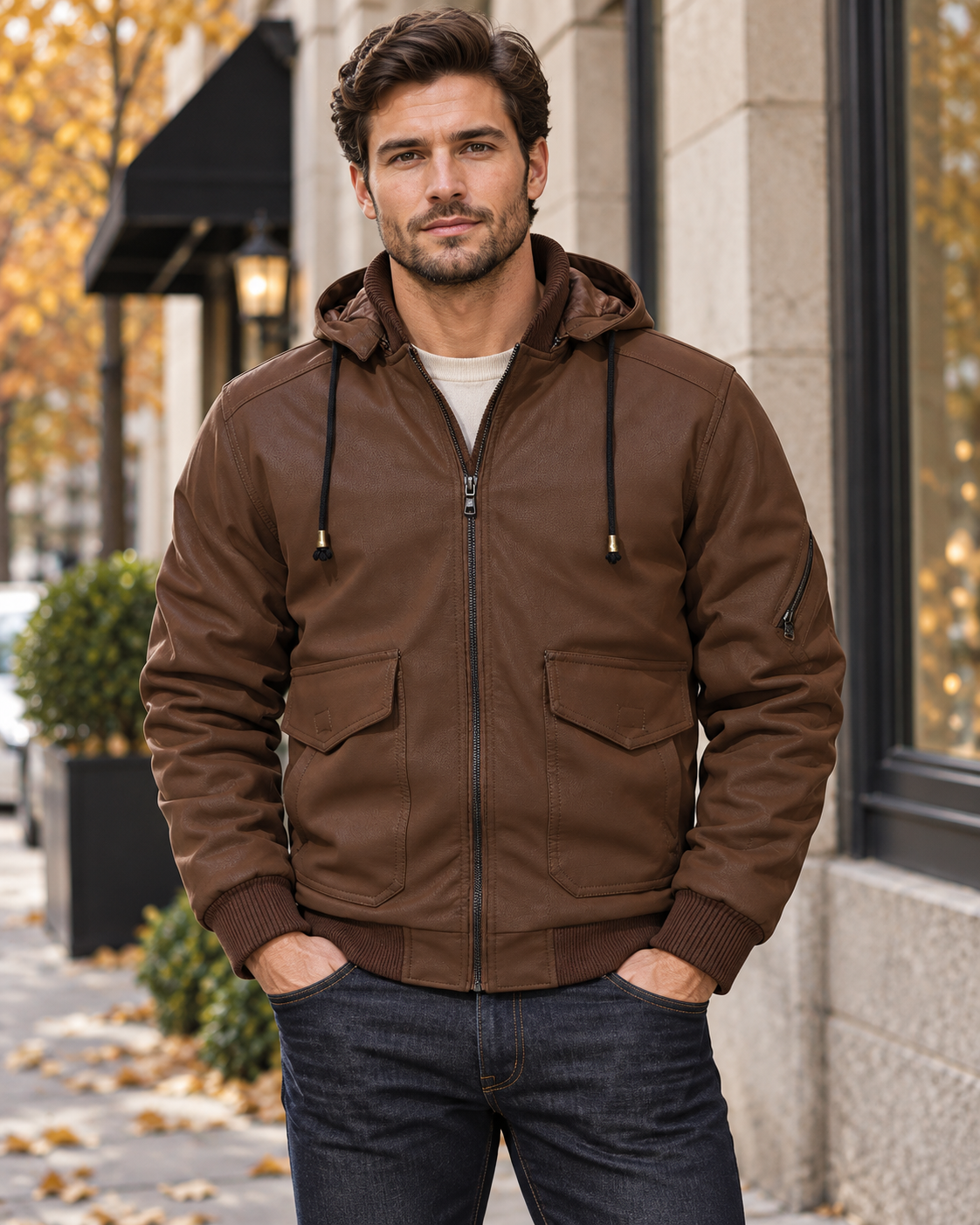 Styling visualization of the brown hooded jacket worn with dark jeans