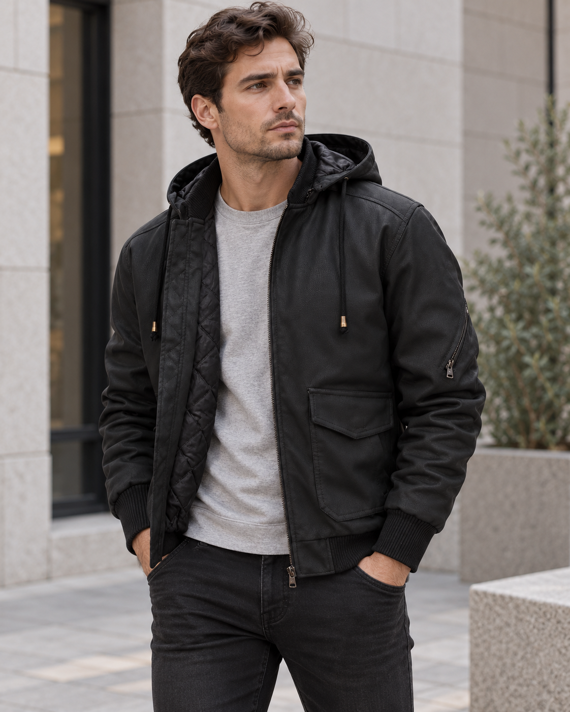 Styling visualization of the black hooded jacket worn open over a gray tee