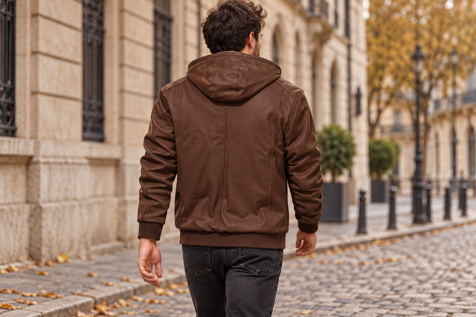 Styling visualization of brown jacket from behind outdoors