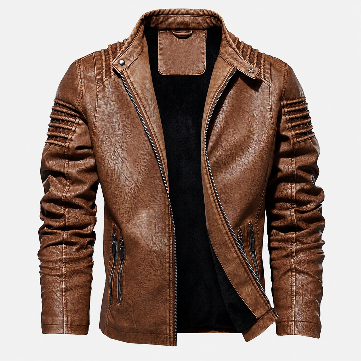[Copy]Men’s Vintage Hooded Faux Leather Jacket – Multi-Pocket Zip-Up Biker Coat