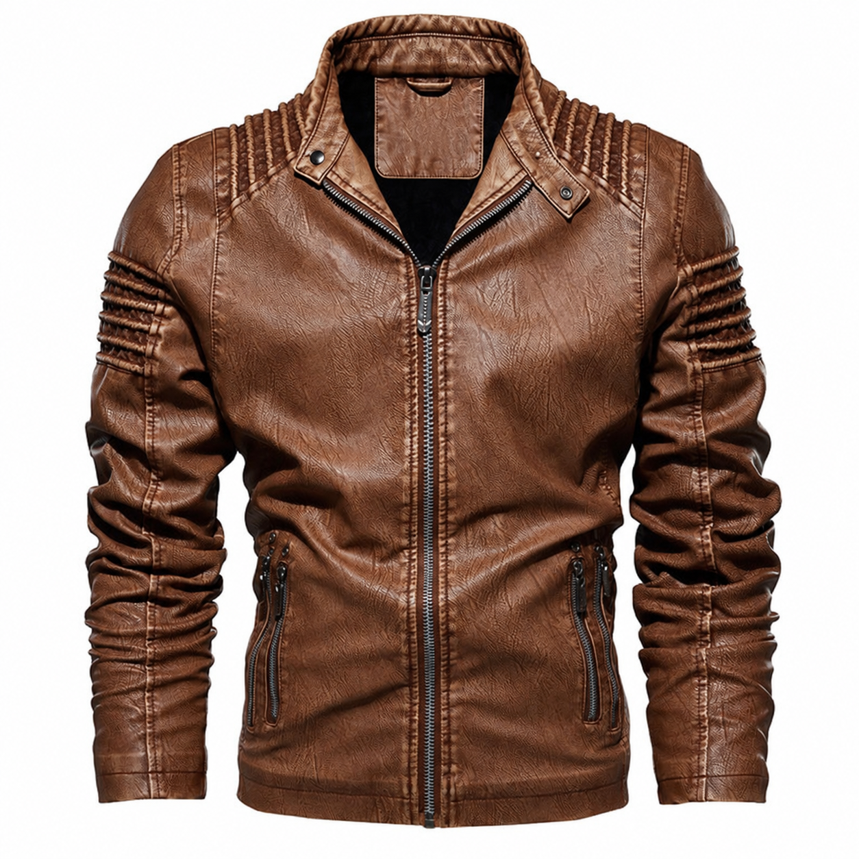 [Copy]Men’s Vintage Hooded Faux Leather Jacket – Multi-Pocket Zip-Up Biker Coat