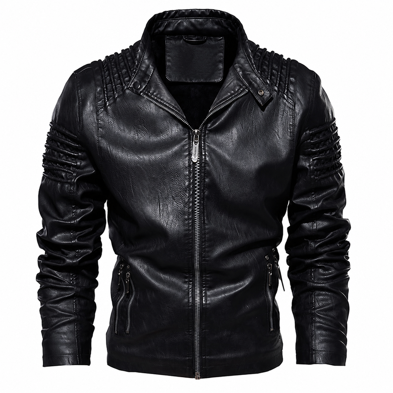 [Copy]Men’s Vintage Hooded Faux Leather Jacket – Multi-Pocket Zip-Up Biker Coat
