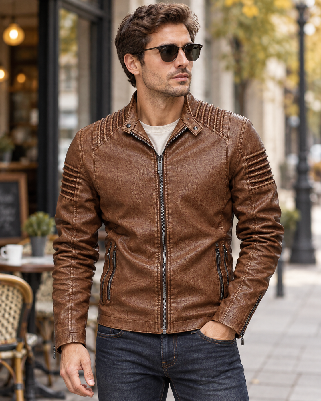 Styling visualization of the brown stand collar jacket worn with jeans