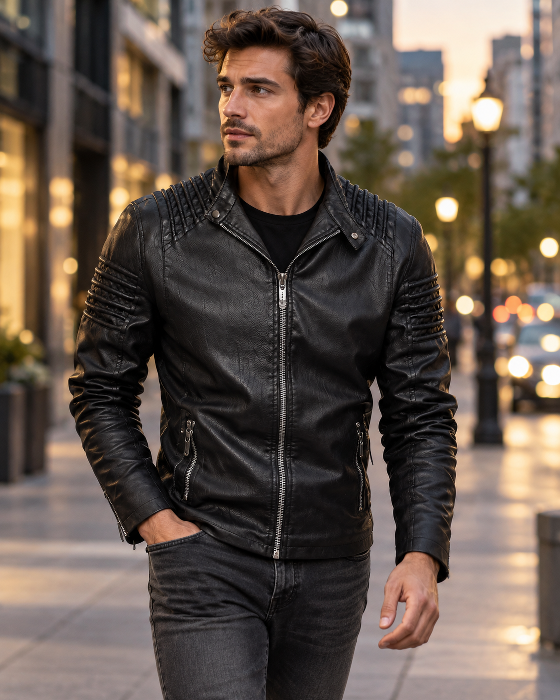 Styling visualization of the black stand collar jacket worn on a city street