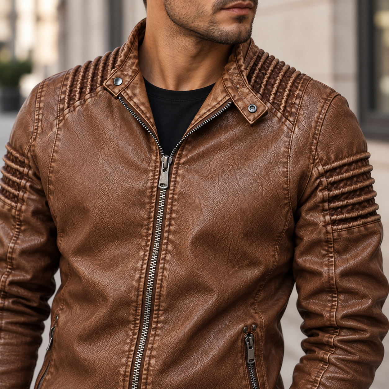 Styling visualization highlighting the brown jacket collar, shoulders and sleeve texture
