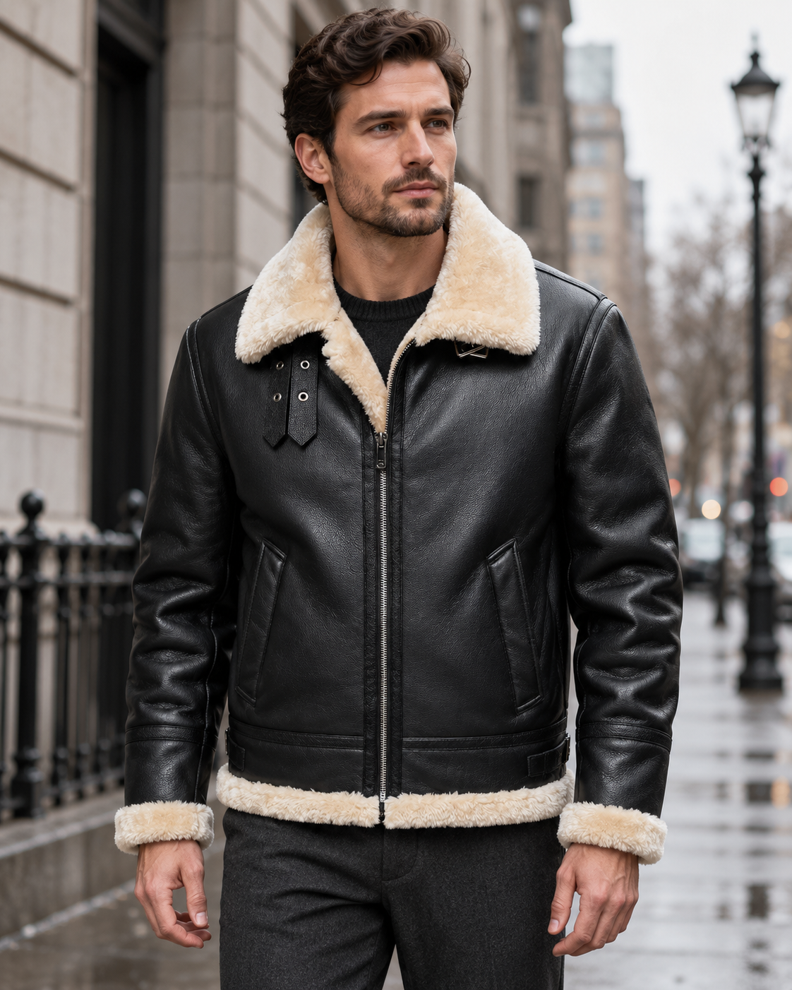 Black aviator-style jacket worn on a city street; styling visualization
