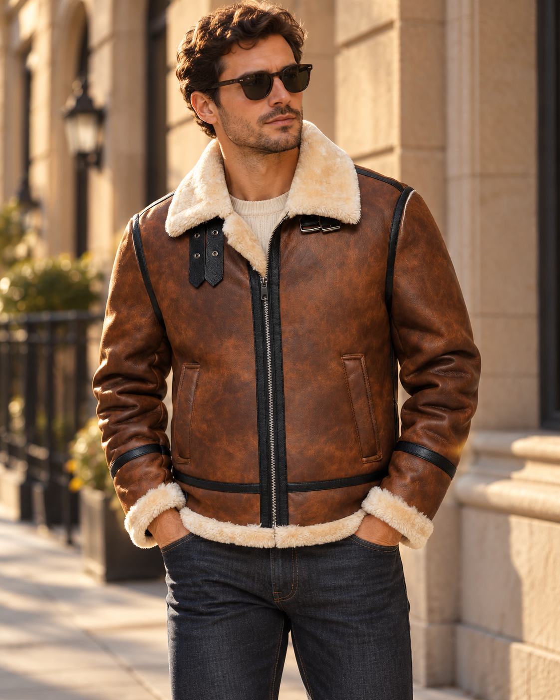 Brown aviator-style jacket worn on a city street; styling visualization