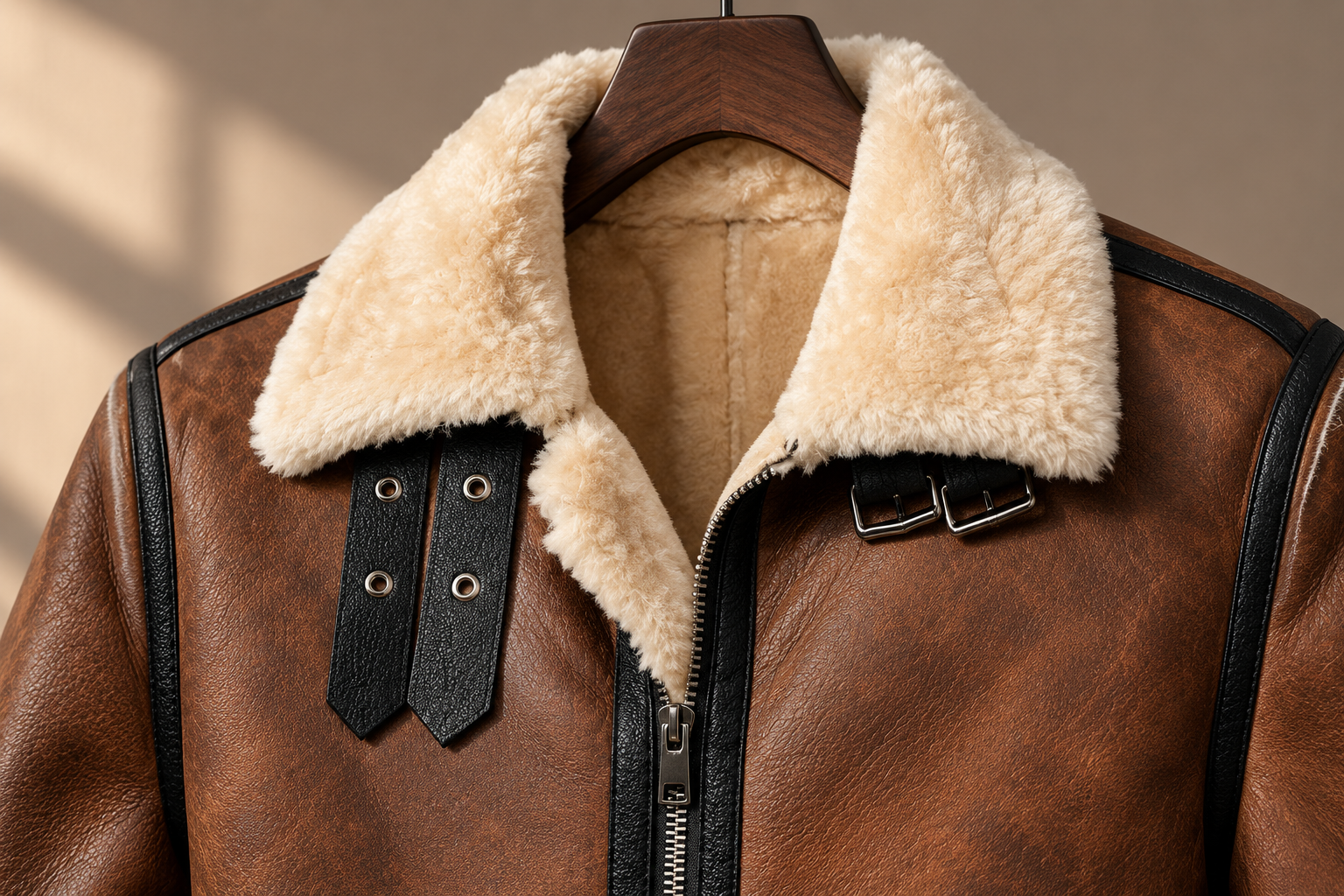 Brown jacket collar and buckle styling visualization