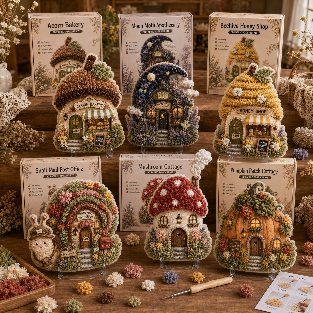 🍄 Whimsical Mushroom Village Punch Needle Kit – 3D DIY Fabric Art Craft