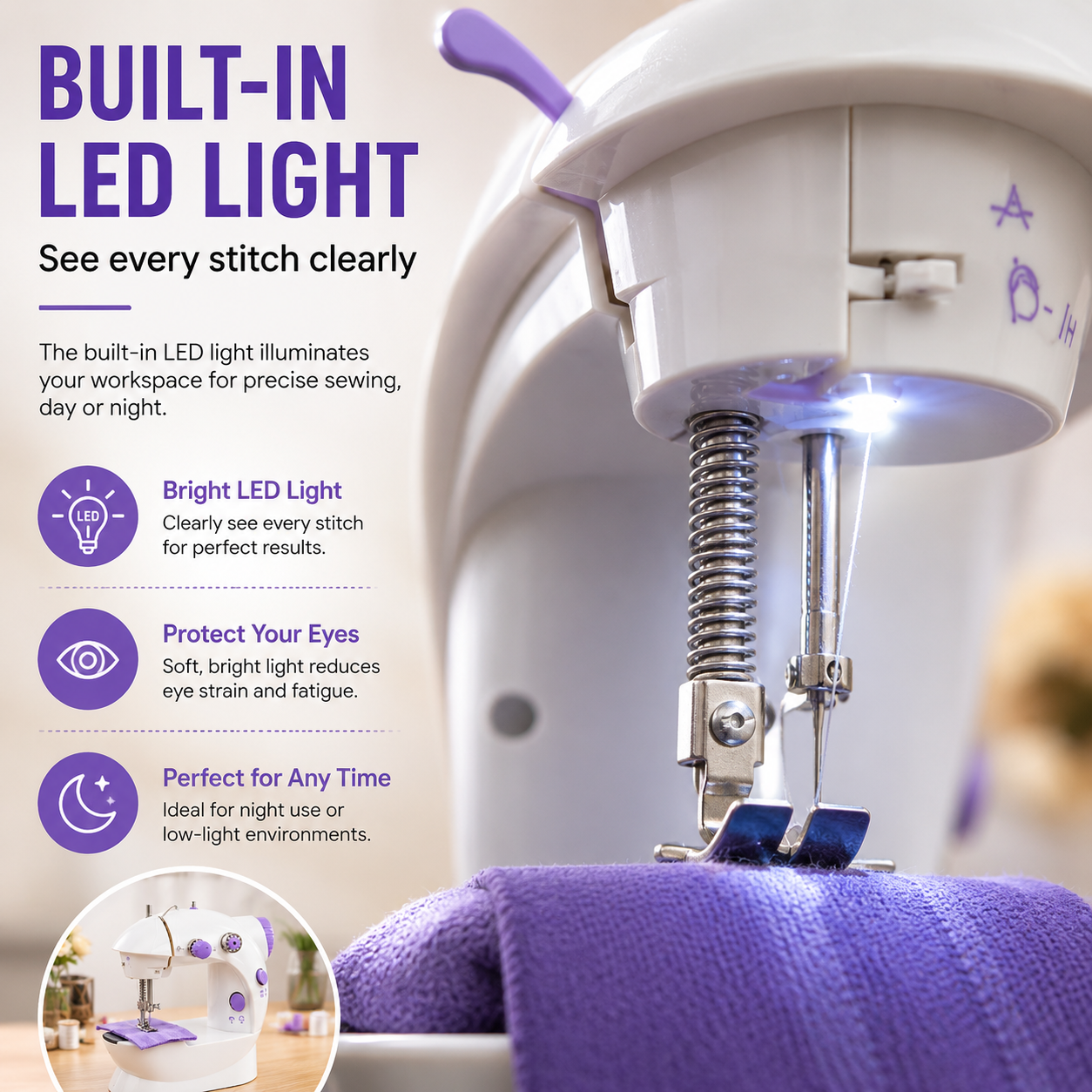 Mini electric sewing machine built in LED light needle area close up