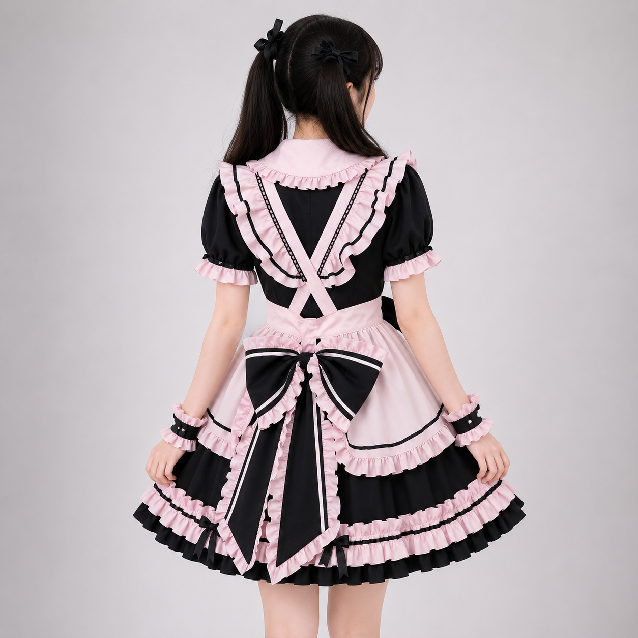 Gothic Black Pink Sweet Lolita Women's Maid Dress Bowknots
