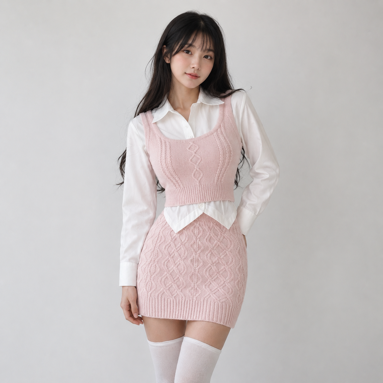 Spring Pink Elegant Knitted Tank and Skirt Three-piece Set