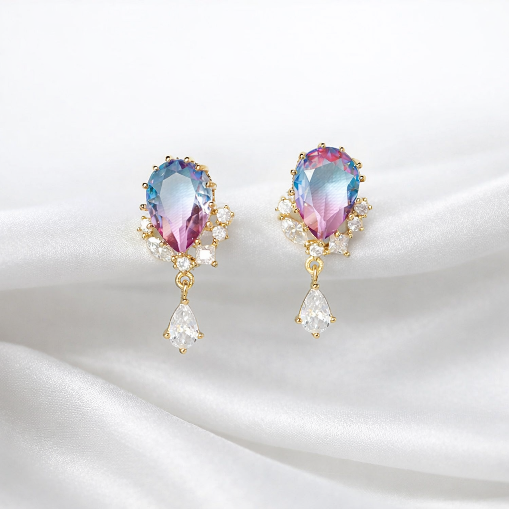 Pink Blue Reverse Teardrop Gold-Plated Stud Earrings