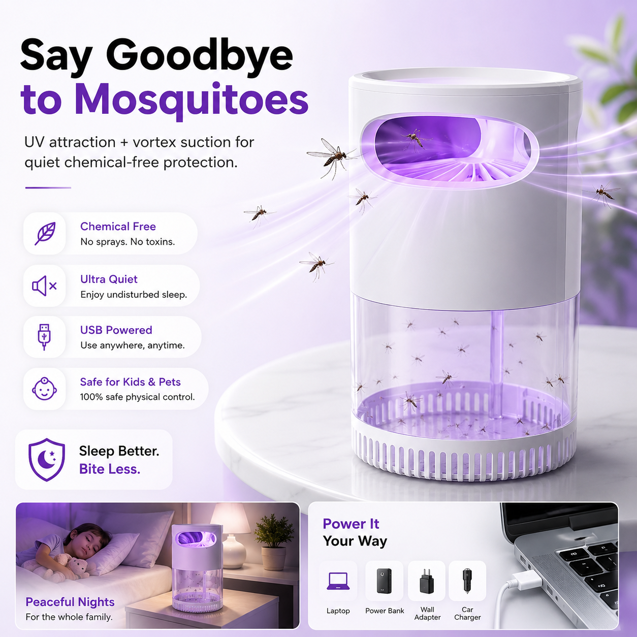 🔥Quiet UV Mosquito Trap – Chemical-Free & Safe for Kids & Pets🦟