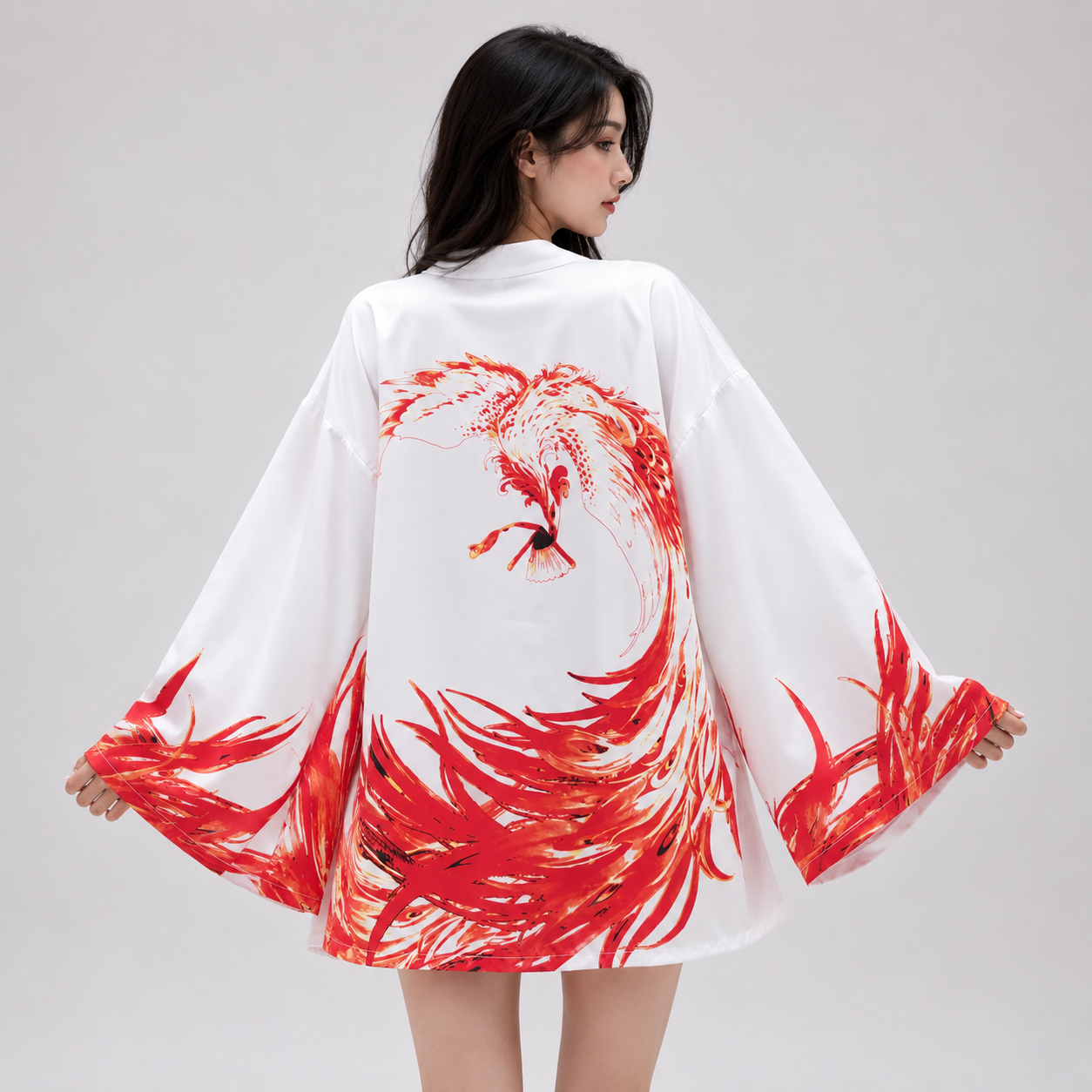Flaming Red Phoenix Black White Women's Kimono Cardigan