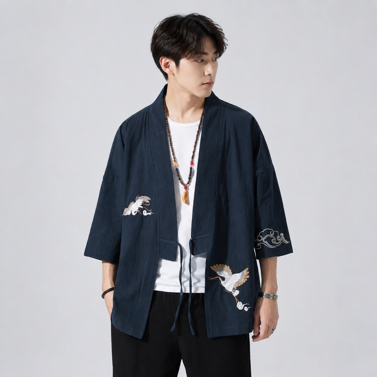 Japanese-themed Crane Cloud Minimal Men's Yukata Kimono Jacket