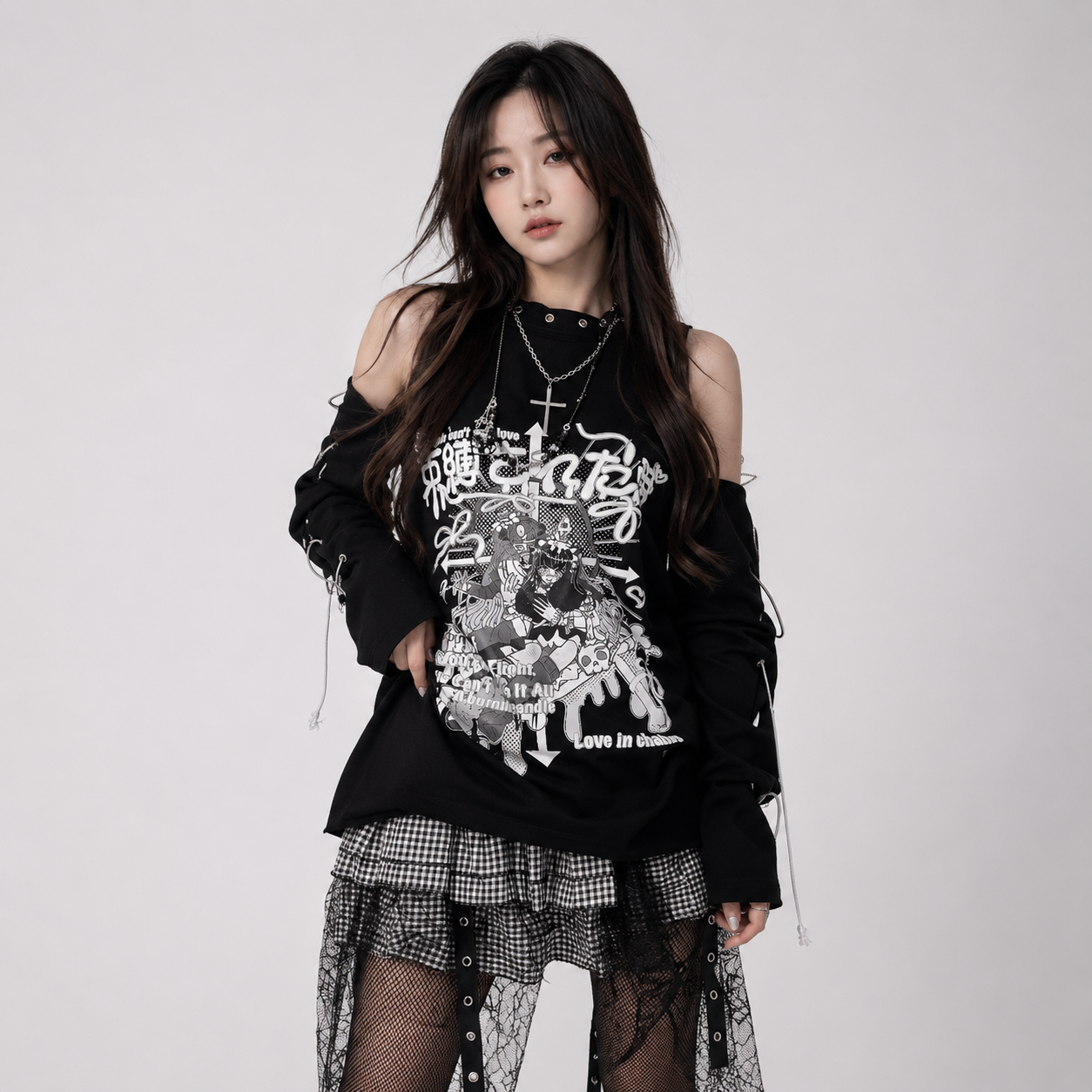 Black Gothic Harajuku Anime Off-Shoulder Long Sleeve Tee