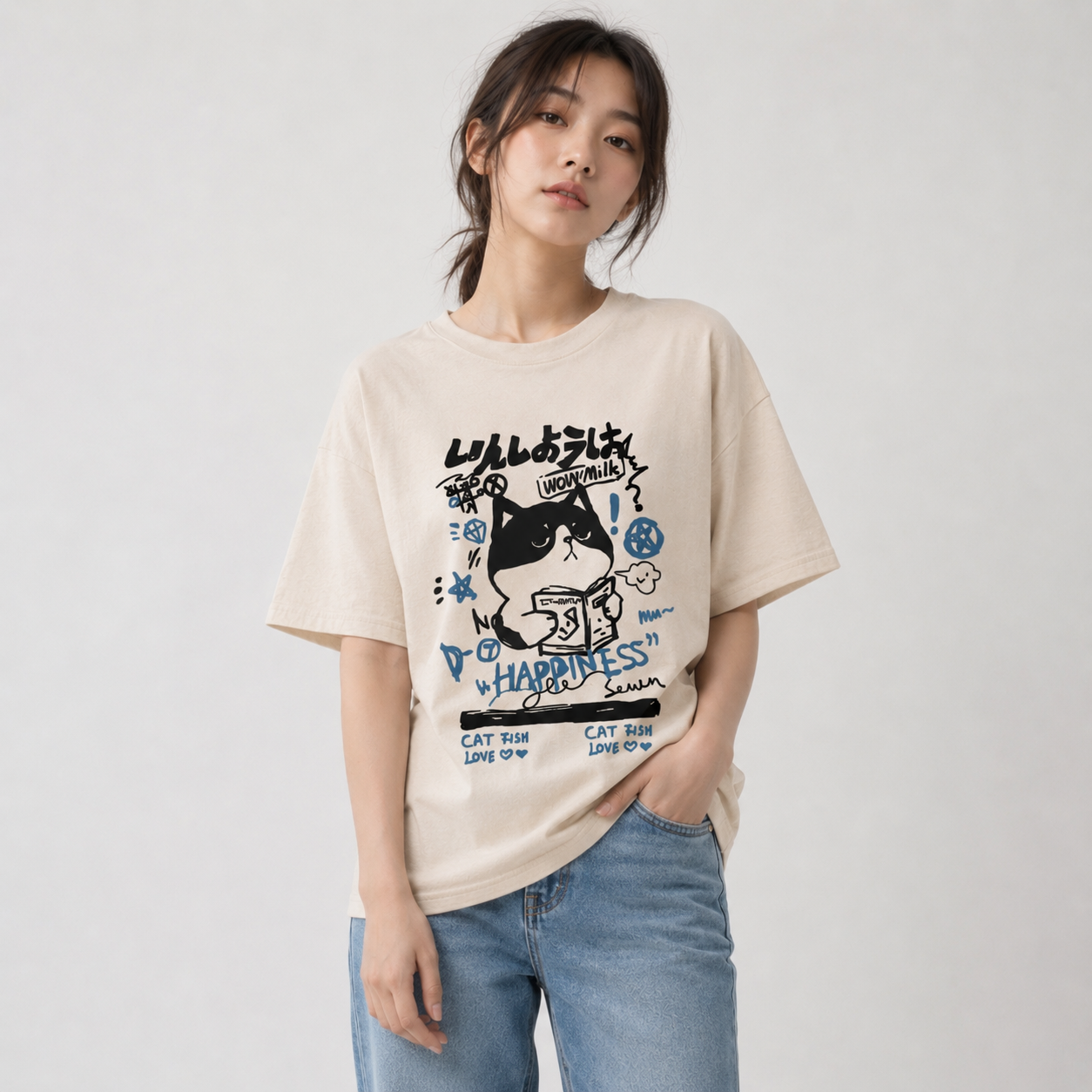 Japanese themed Cat Finding Happiness Unisex Tee
