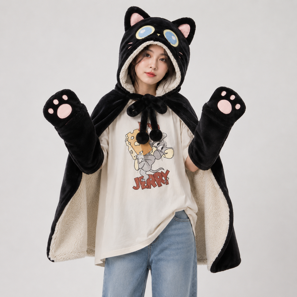 Black Cat Green Dino Plush Cape Hoodie Blanket