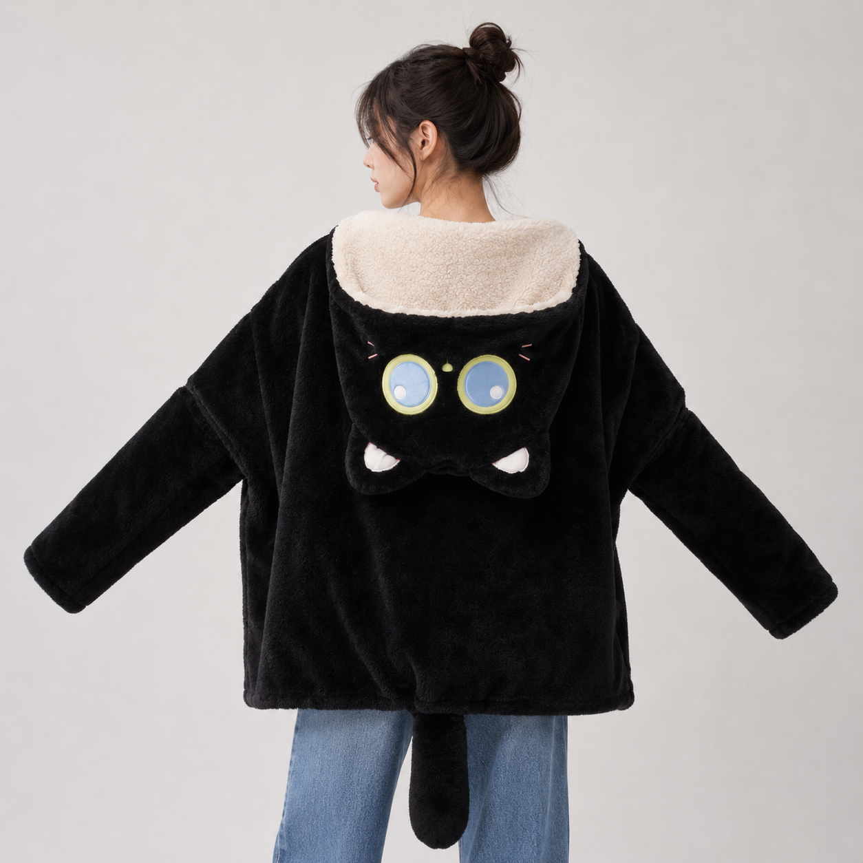 Black Cat Green Dino Plush Cape Hoodie Blanket