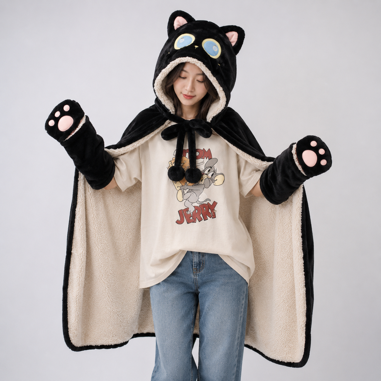 Black Cat Green Dino Plush Cape Hoodie Blanket