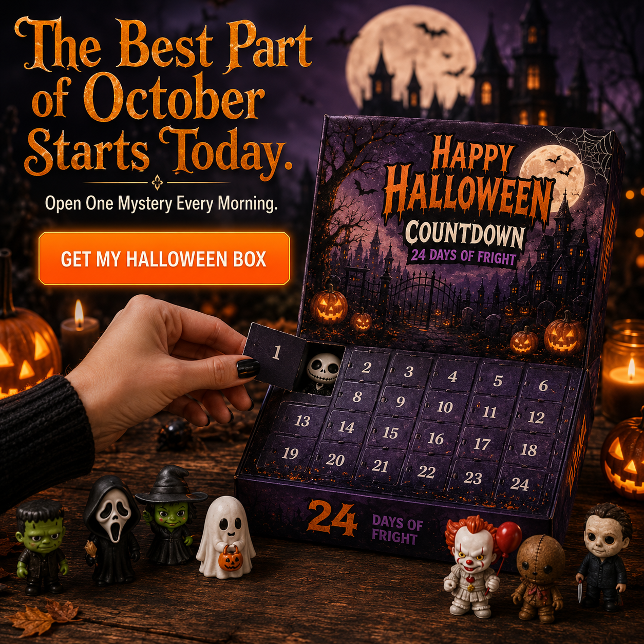 🔥Limited 50% OFF🎃 Halloween Countdown Blind Box | 👻 24 Days of Spooky Surprises 🕯️ One Mystery Figure Every Day ✨ Collect, Display & Celebrate Halloween Fun!