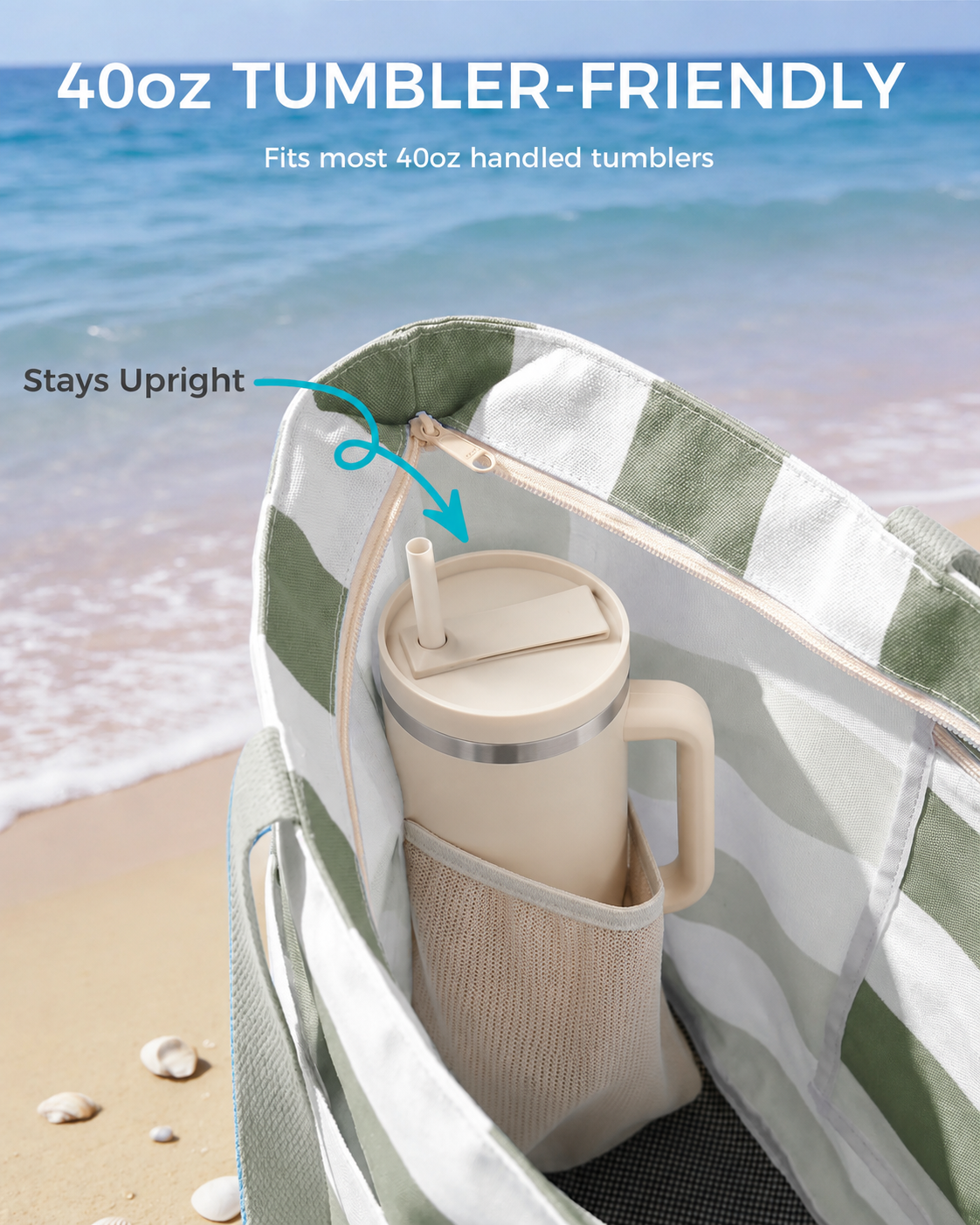Large Mesh Beach Bag with 40oz Tumbler Pocket and Zipper Closure