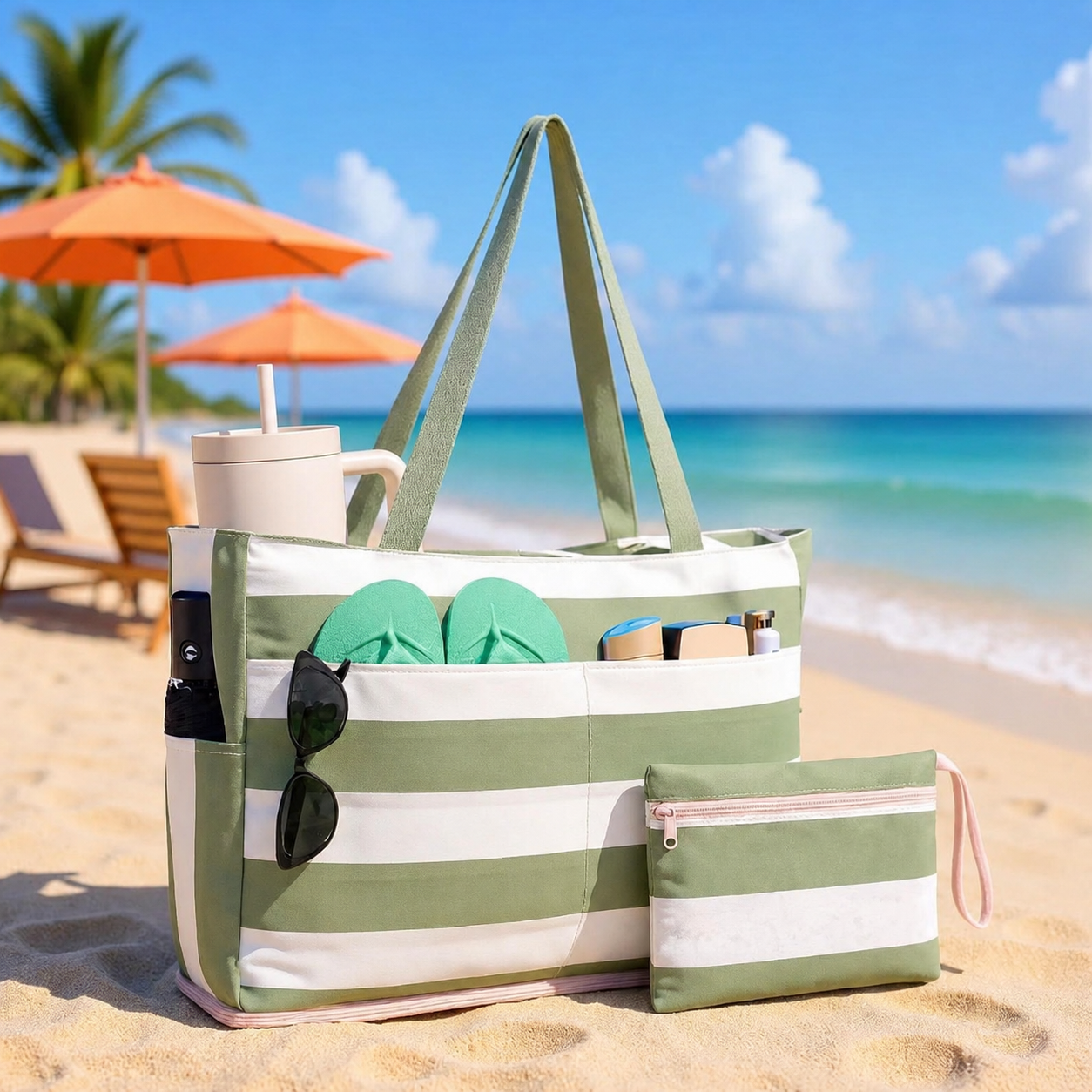 Large Mesh Beach Bag with 40oz Tumbler Pocket and Zipper Closure