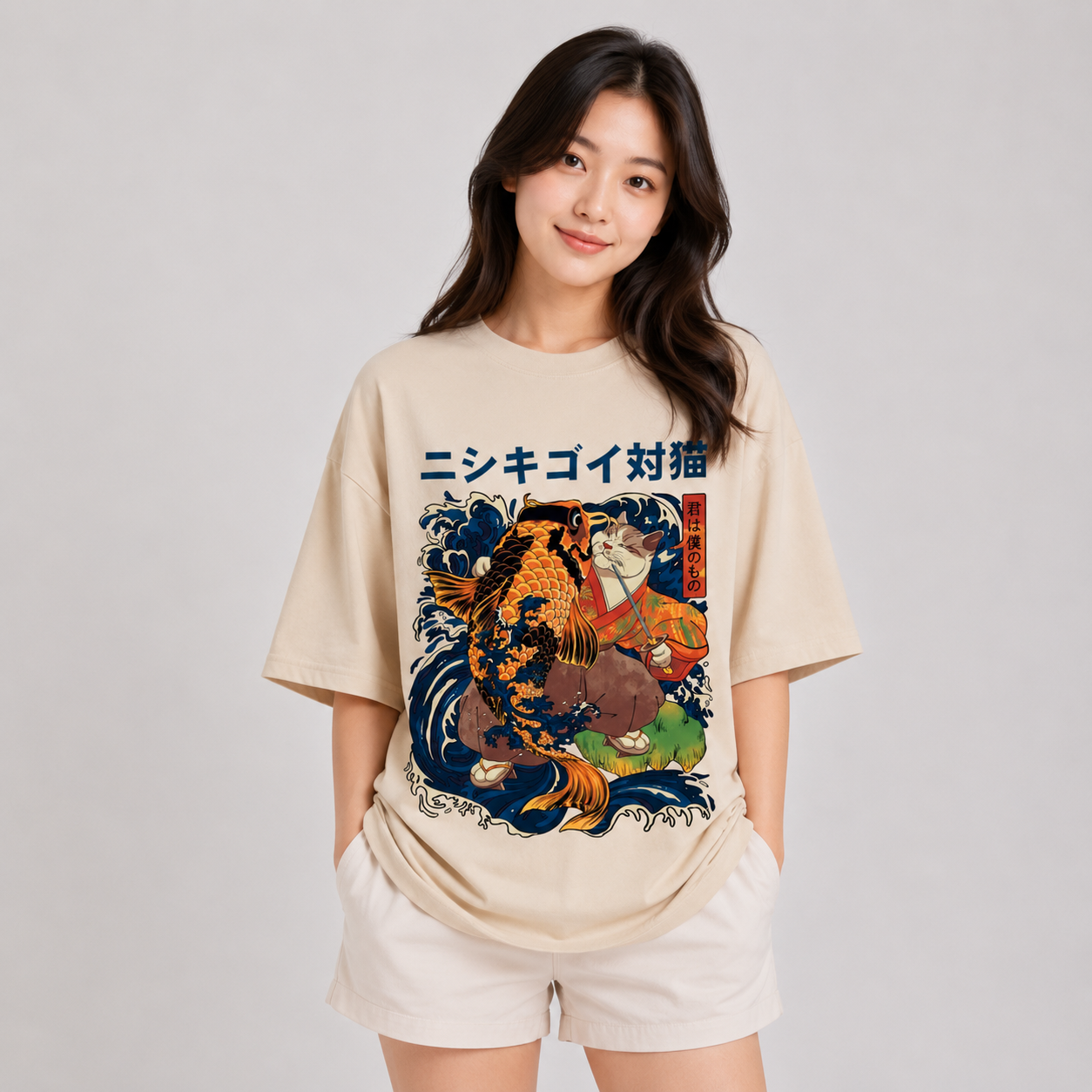Harajuku Samurai Cat Koi Fish Unisex Tee