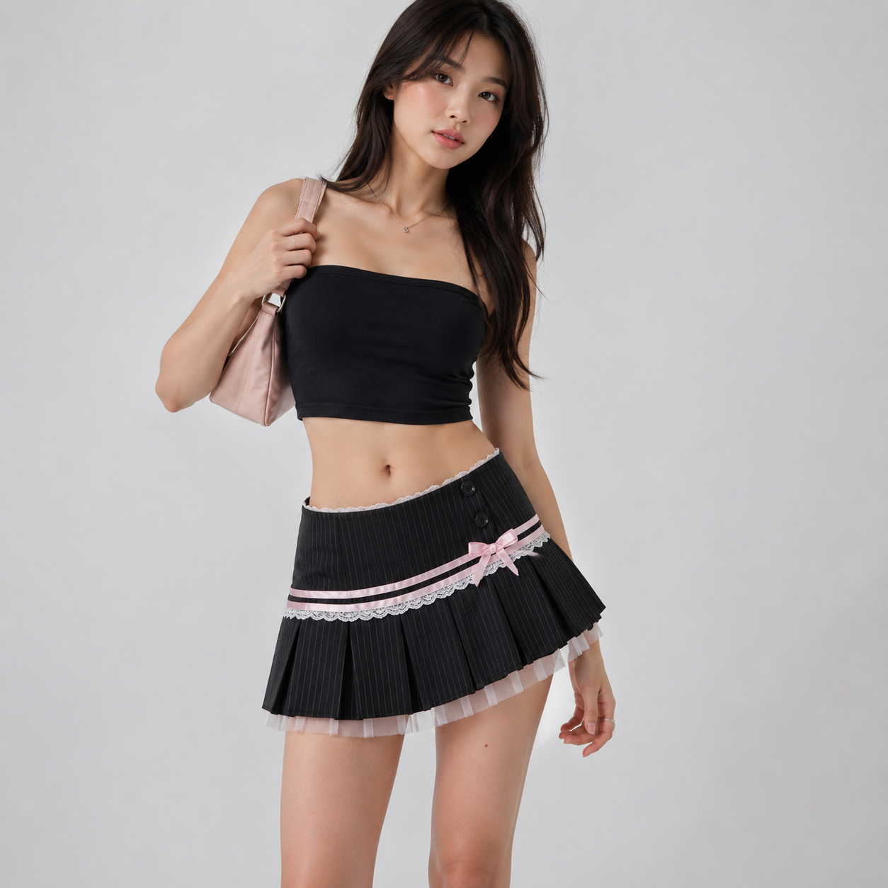Rosette Pinstripe Pleated Mini Skirt