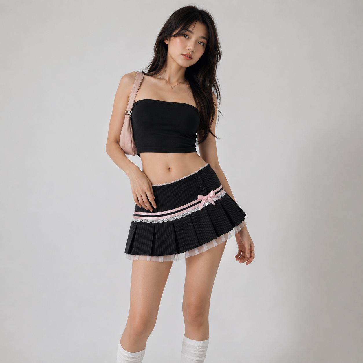 Rosette Pinstripe Pleated Mini Skirt