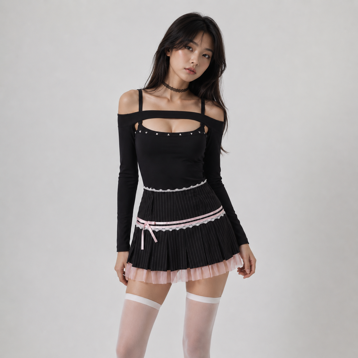 Rosette Pinstripe Pleated Mini Skirt